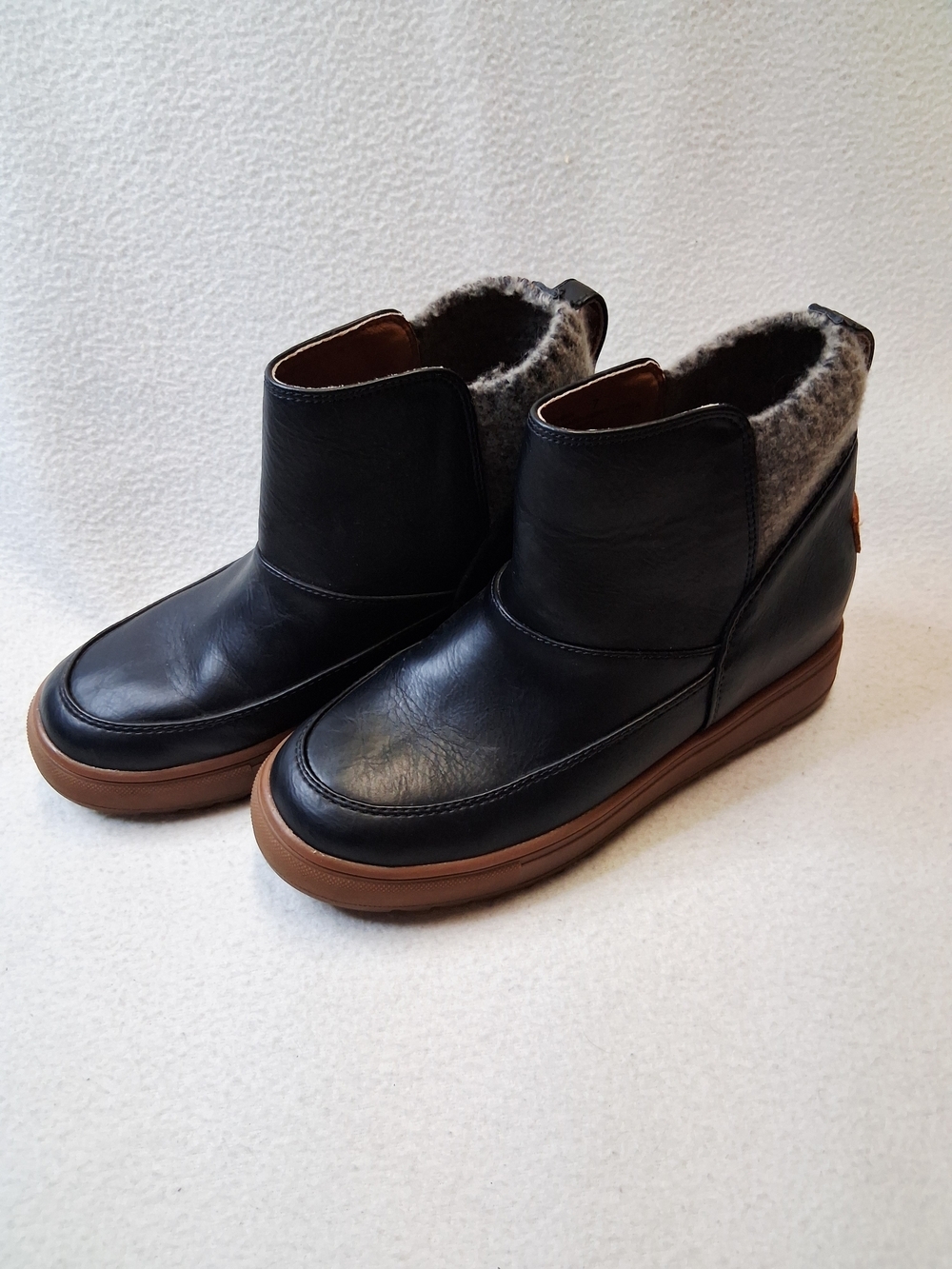 Yellow Box Black Leather Ankle Booties with Brown Sole and Gray Shearling Trim